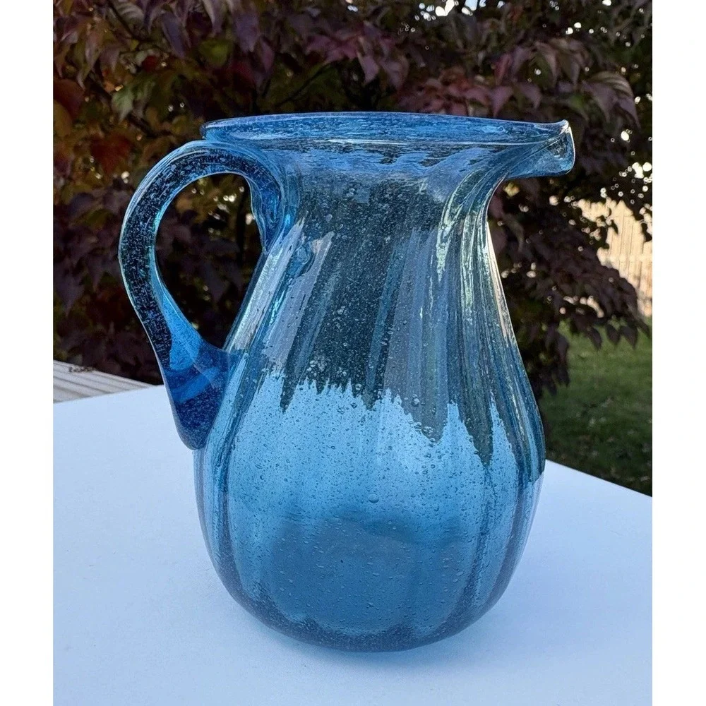 Vintage Aqua Blue Optical Ribbed Bubble Glass Mini Pitcher 4